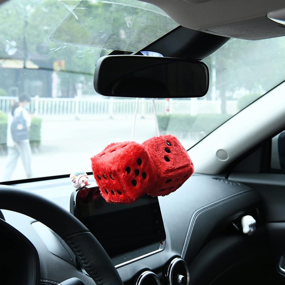 Car Decor Fuzzy Plush Dice Cute Dots for Rear View Mirror